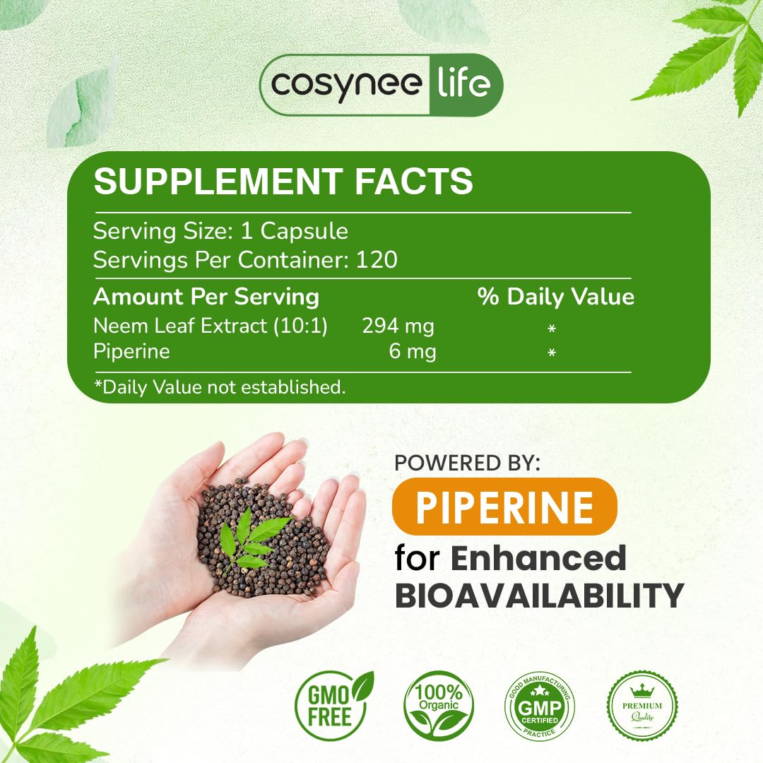 Cosynee Life Organic Neem Leaf Extract Capsules, 120 Count