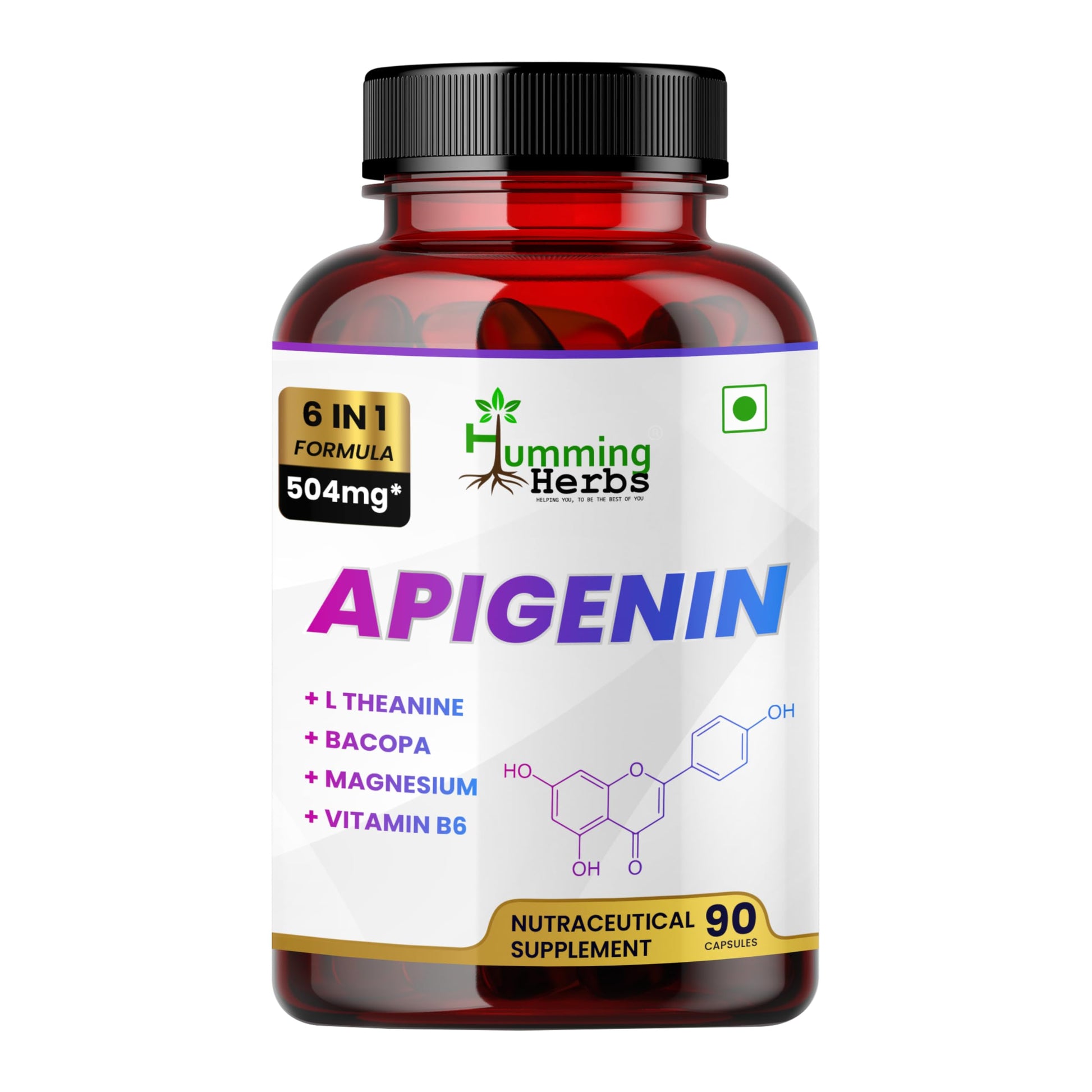 Humming Herbs Apigenin 504mg 6-in-1 Brain & Wellness Supplement with L-Theanine, Bacopa, Magnesium, Vitamin B6, Piper Nigrum, 90 Vegan Capsules