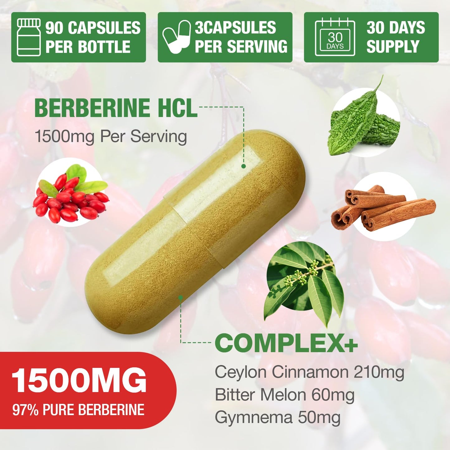 CHANUBITO Berberine Capsule 1500mg HCl 97% Purity with Pure Ceylon Cinnamon, Non-GMO, 90 Count