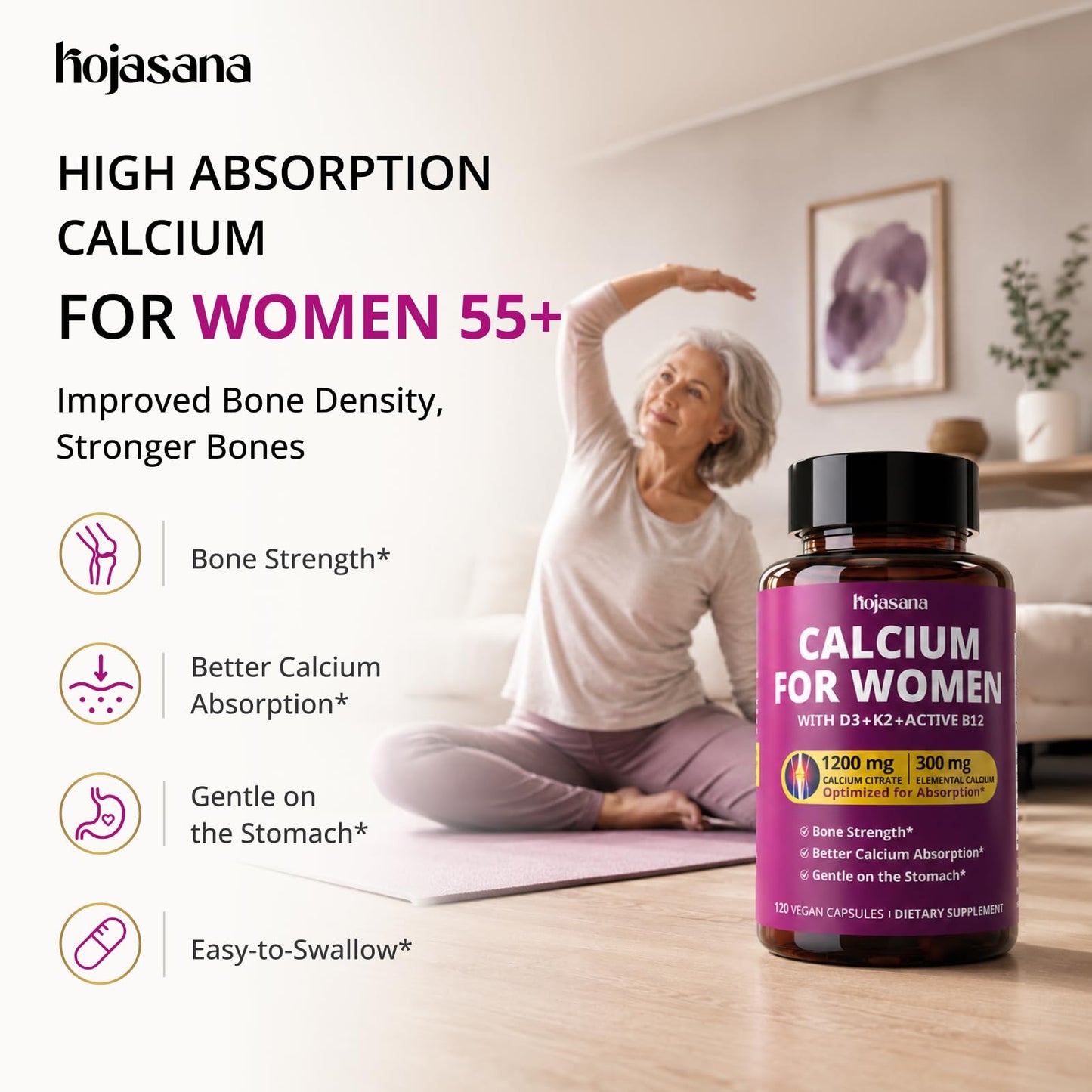 HojaSana Calcium 1200 mg with Vitamin D3 Capsules, 120 Count