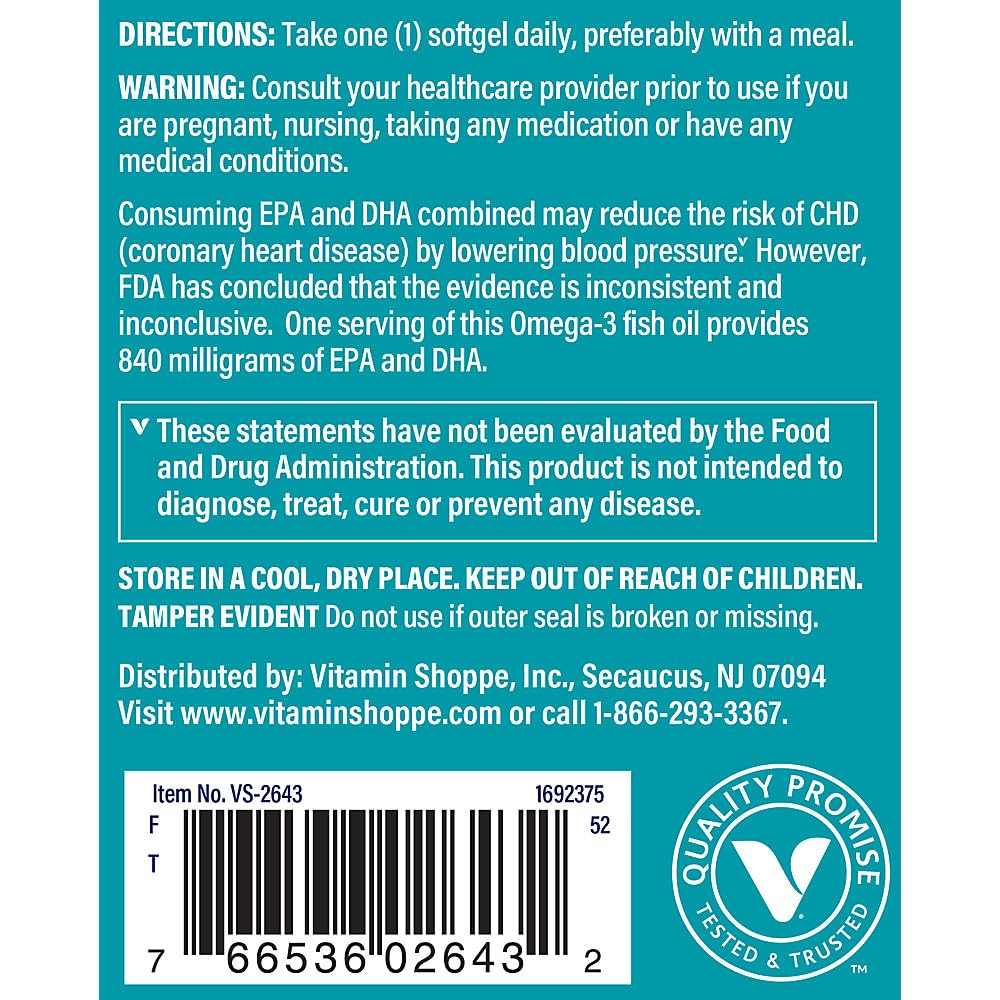 The Vitamin Shoppe Omega 3 Fish Oil 1100mg, EPA 600mg & DHA 240mg, 180 Softgels