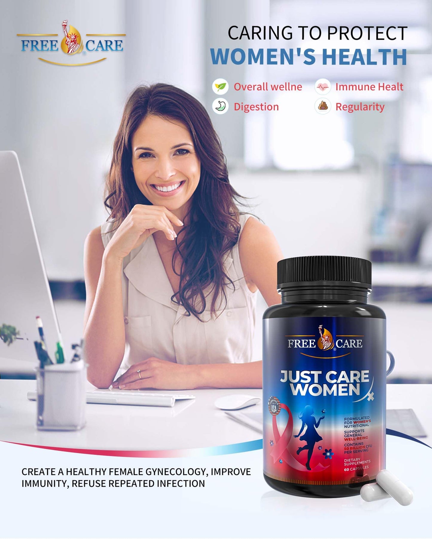 FreeCare Probiotics for Women 50 Billion CFU 8 Strains, 60 Capsules