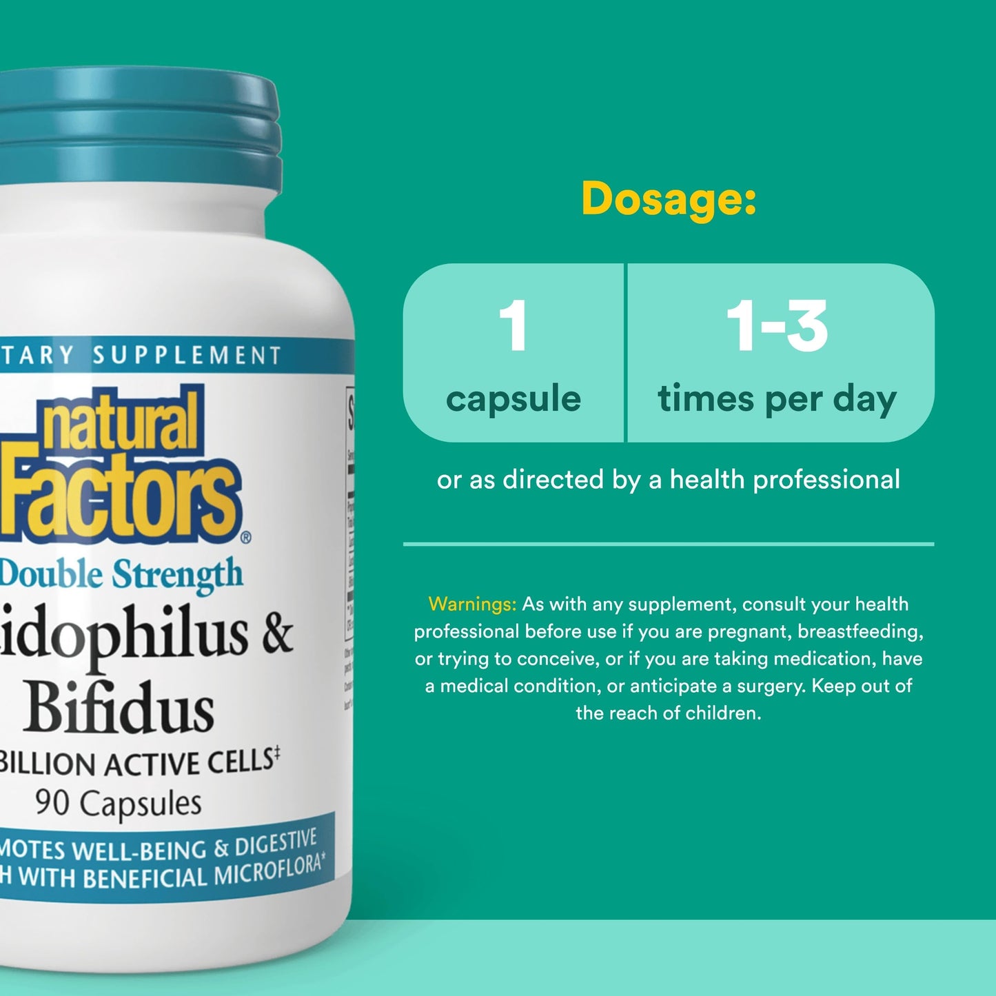 Natural Factors Acidophilus & Bifidus Double Strength Probiotic and Prebiotic Formula, 90 Capsules