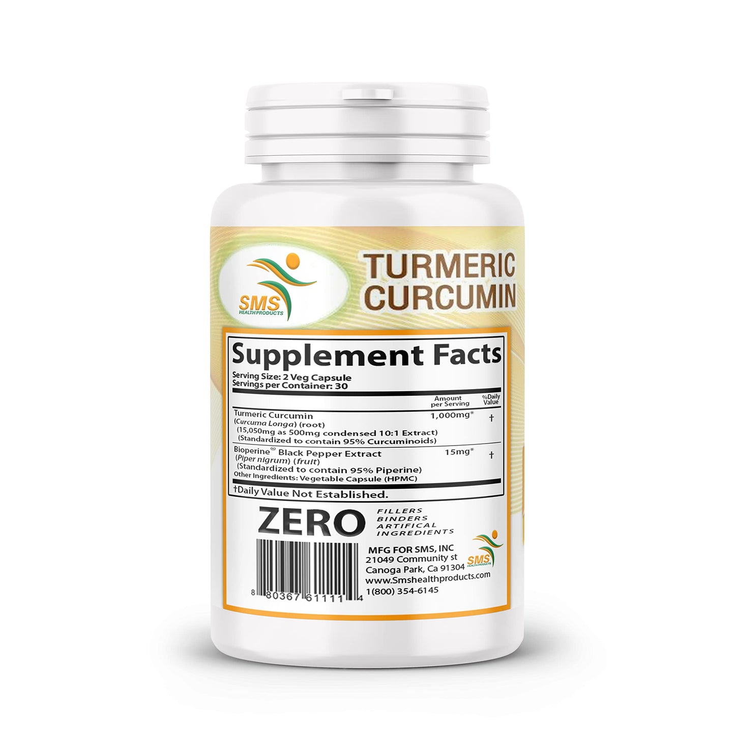 SMSHEALTHPRODUCTS.com Turmeric Curcumin 1000mg with BioPerine Black Pepper Extract, No Fillers, 95% Curcuminoids, Natural Immune Support, Made in USA, 180 Capsules