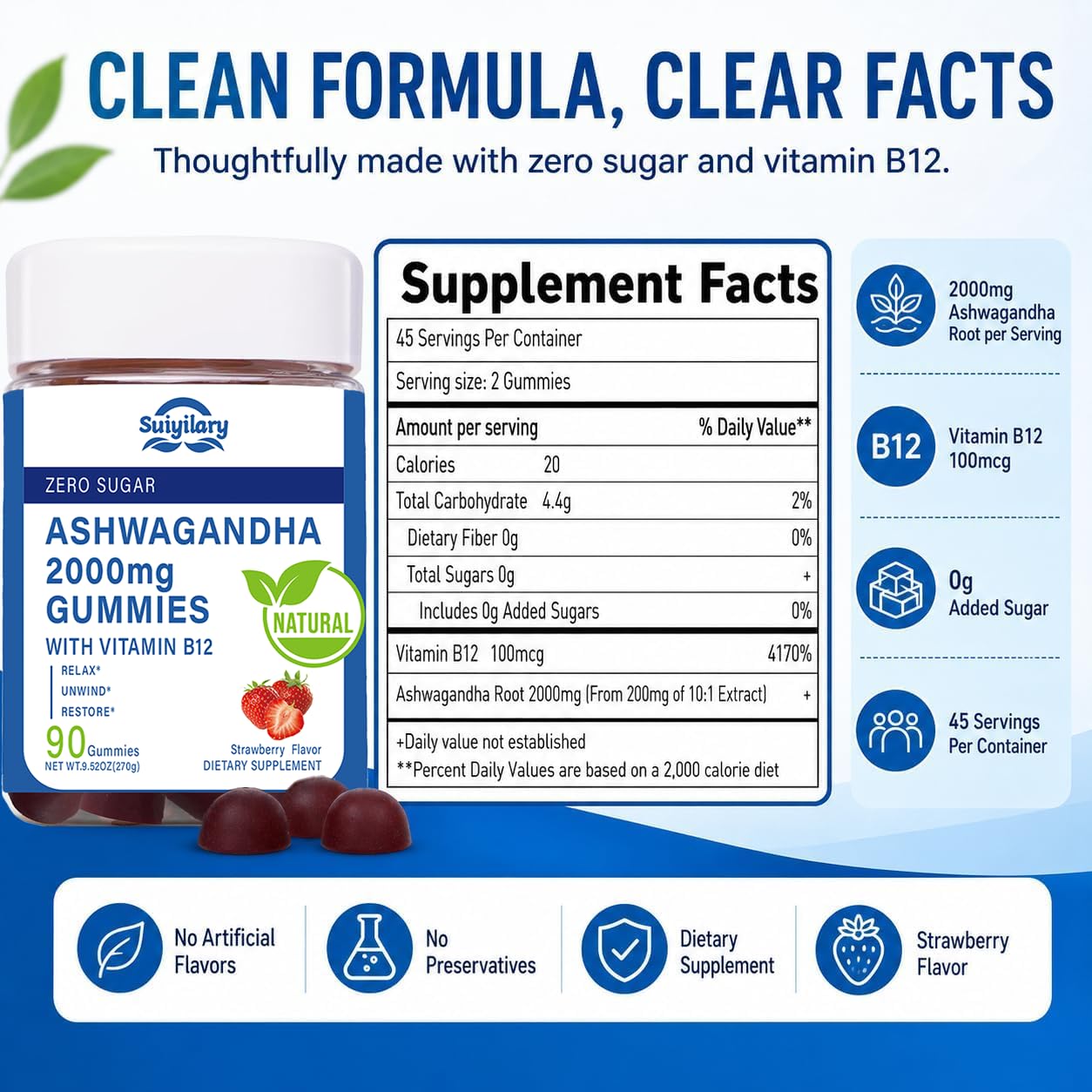 Suiyilary Ashwagandha Gummies 2000mg, 90 Count