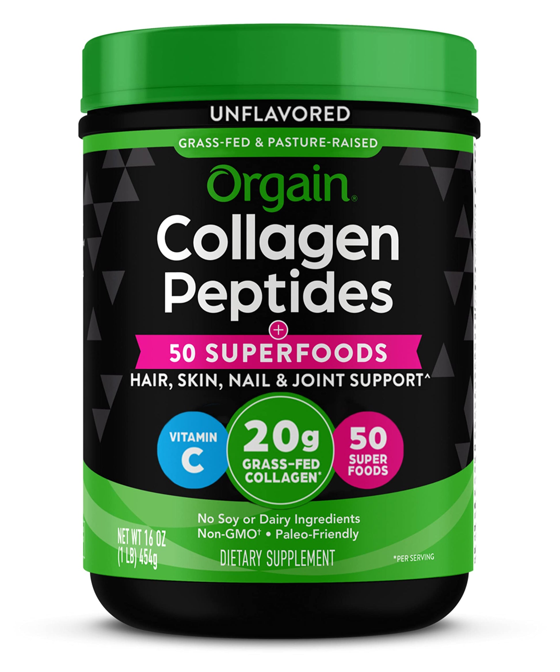 Orgain Hydrolyzed Collagen Powder + 50 Organic Superfoods for Women & Men, 20g Grass Fed Collagen with Vitamin C, Unflavored - Hair, Skin, Nail & Joint Support, Non-GMO, Type I & III, 16 Servings