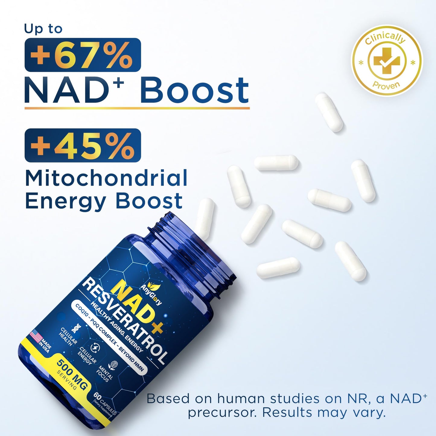 Anyglory NAD+ Supplement with NR, Resveratrol, CoQ10 & PQQ – 5-in-1 NAD Formula NMN Alternative NAD Resveratrol Support, 60 Capsules