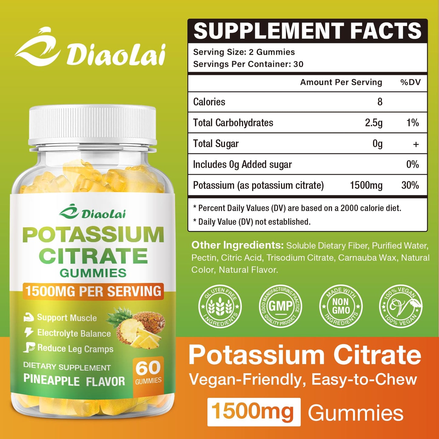 DIAOLAI Potassium Citrate 1500mg Gummies, 60 Count