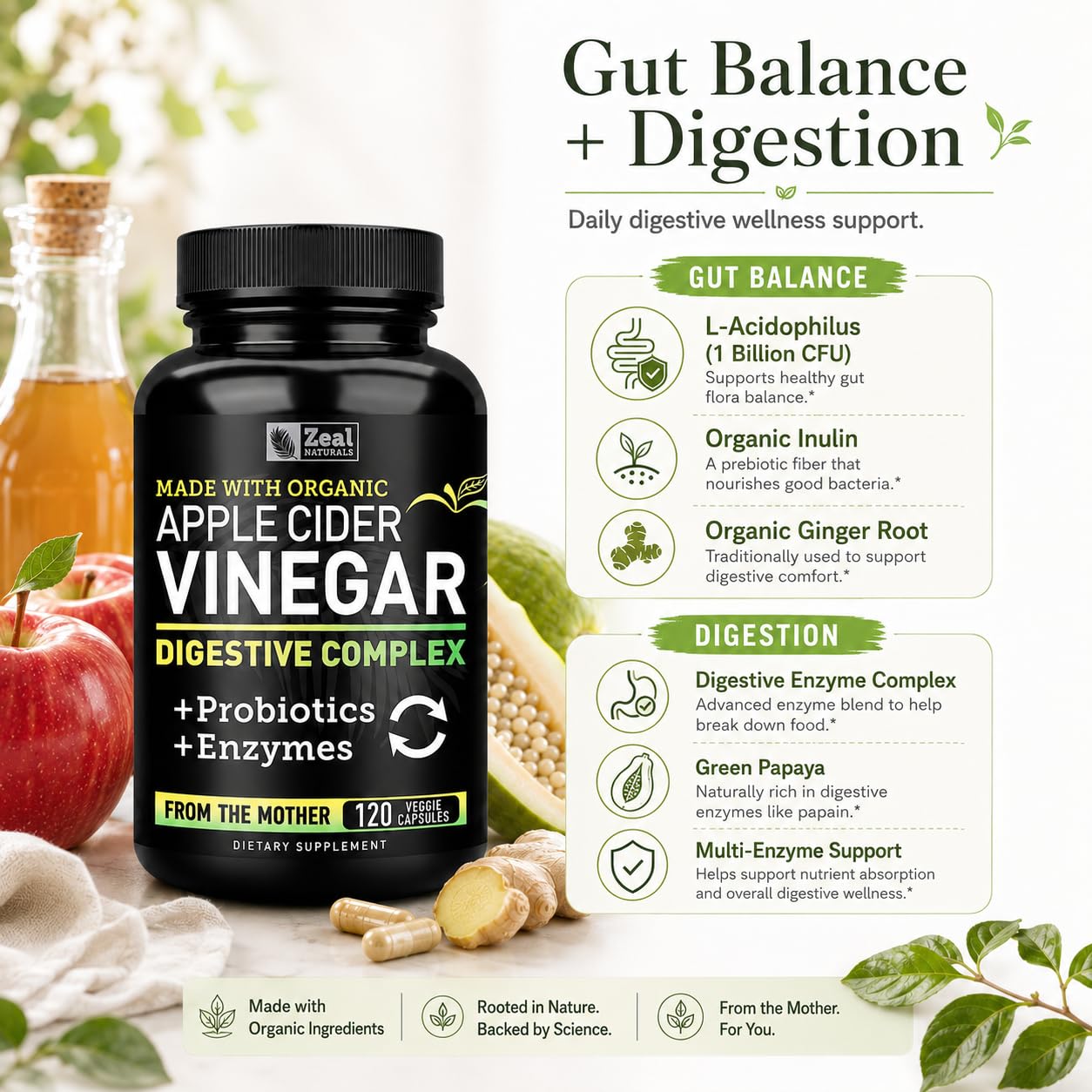 Zeal Naturals Organic Apple Cider Vinegar Capsules + Digestive Enzymes & Probiotics, 120 Capsules