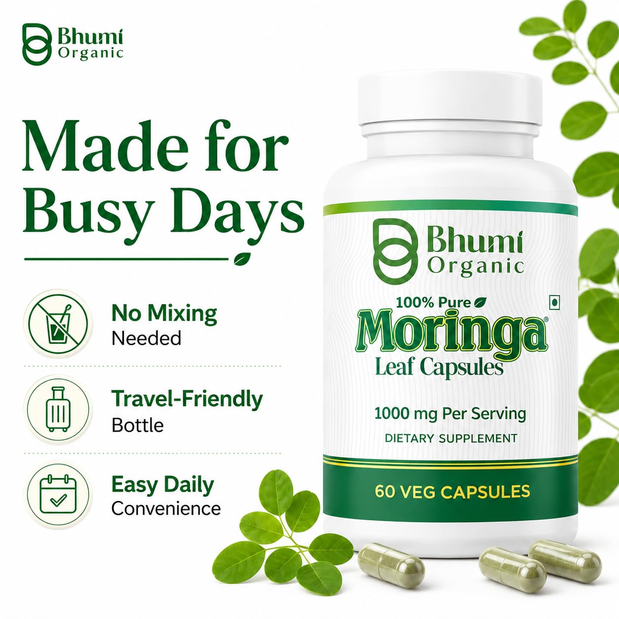 Bhumi Organic Moringa Powder Capsules 60 Count