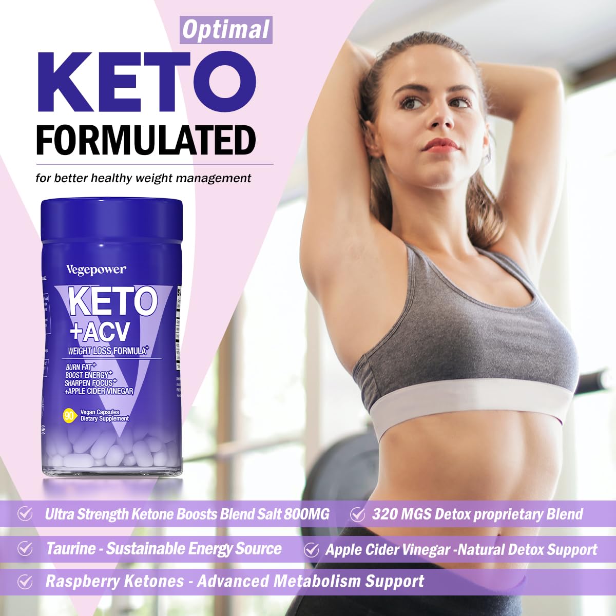 VEGEPOWER Keto Pills Apple Cider Vinegar Weight Loss Fat Burner Ketosis Diet Support Boost Energy Ketones Supplement 90 Capsules