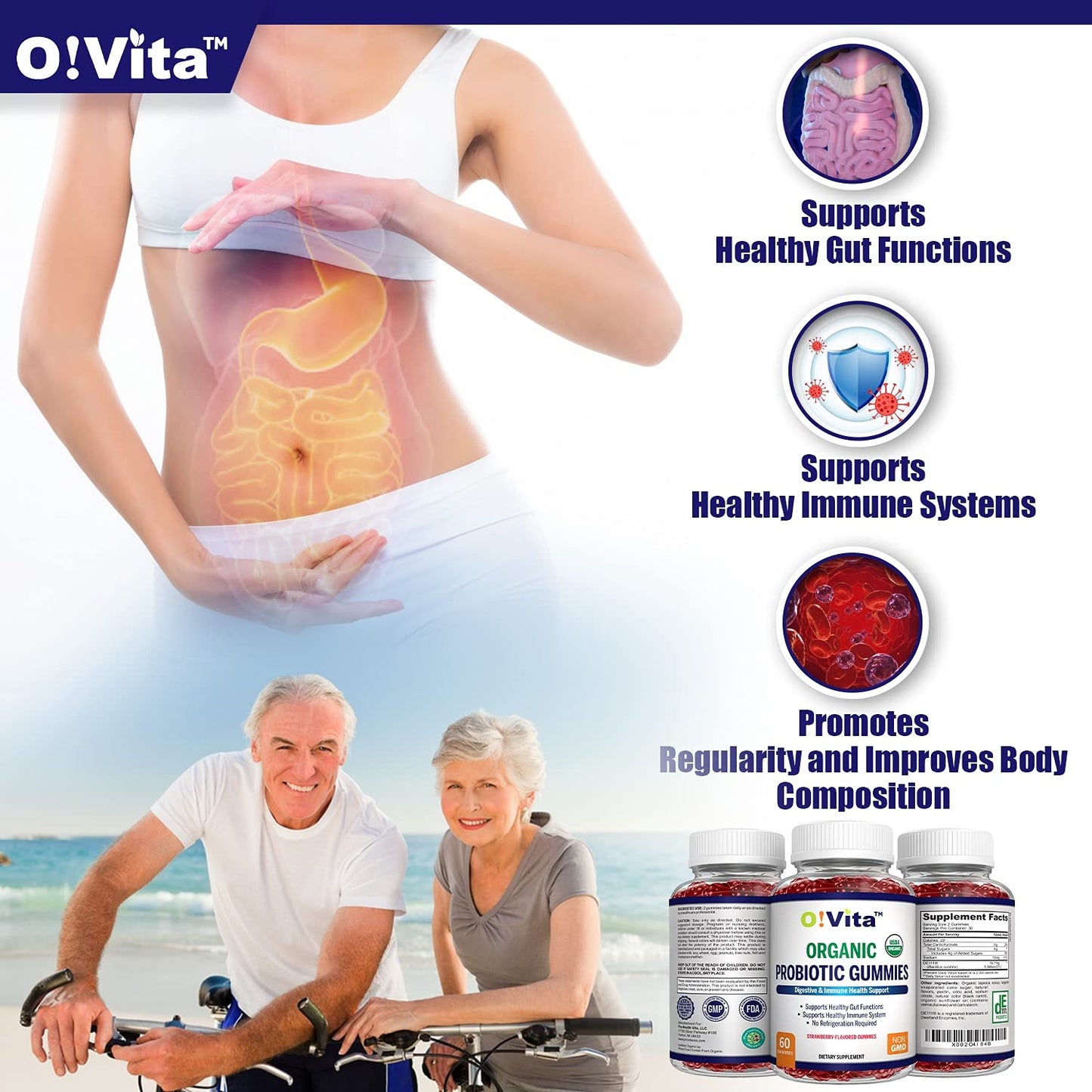 O!VITA Organic Probiotic Gummies, 5 Billion CFU, Max Strength, Strawberry Flavor, Gut Health and Immune Support, 60 Gummies
