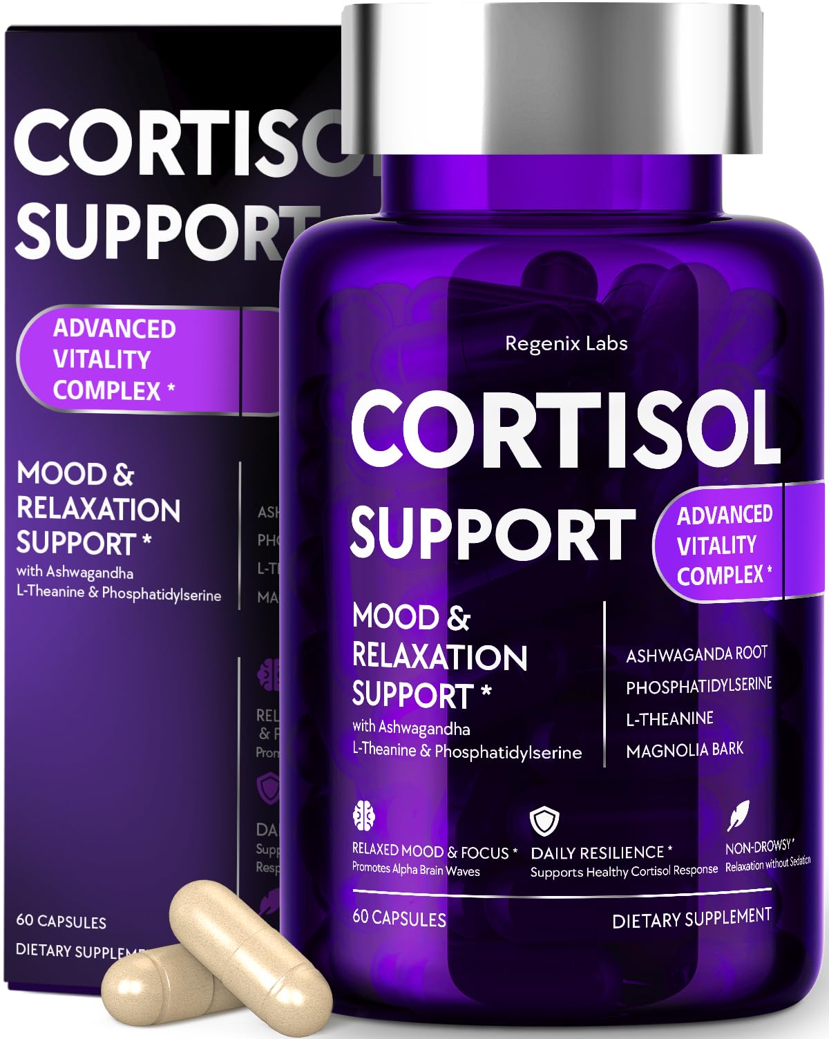 REGENIX LABS Cortisol Supplements for Women and Men - Cortisol Manager Complex with Ashwagandha, L-Theanine, Phosphatidylserine, Magnolia Bark - Adrenal Support, High Cortisol Balance, 60 Capsules