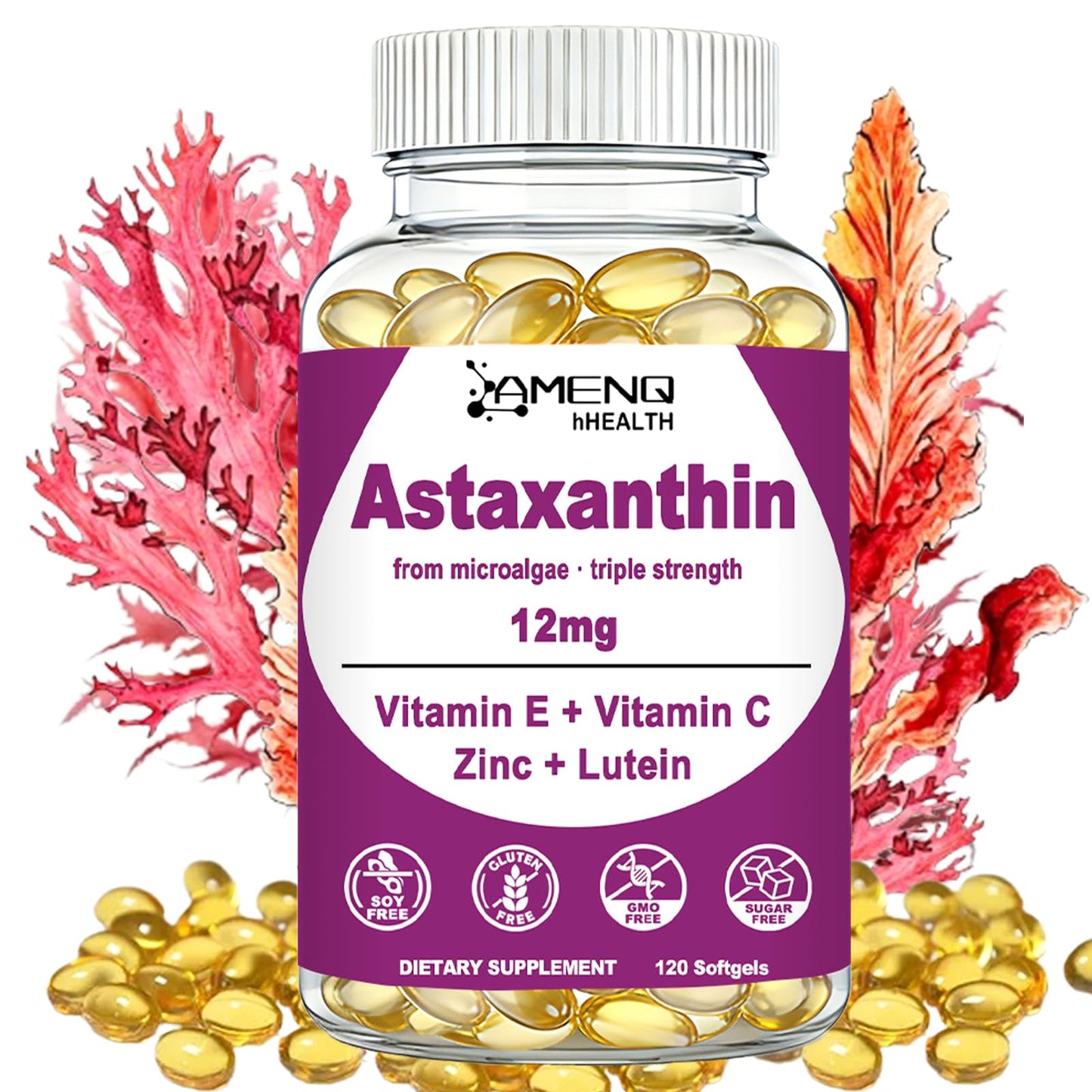 AMENQ hHEALTH Astaxanthin 12mg Softgels, 120 Count