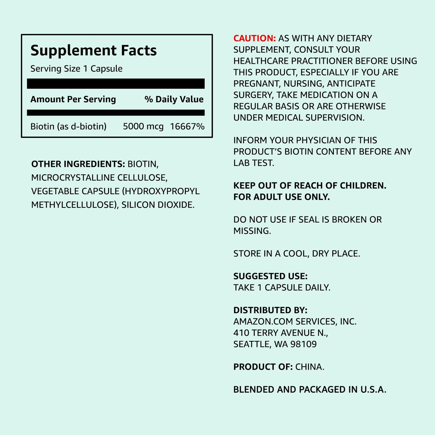 Amazon Elements Vegan Biotin 5000 mcg for Hair, Skin, and Nails Capsule 130 Count