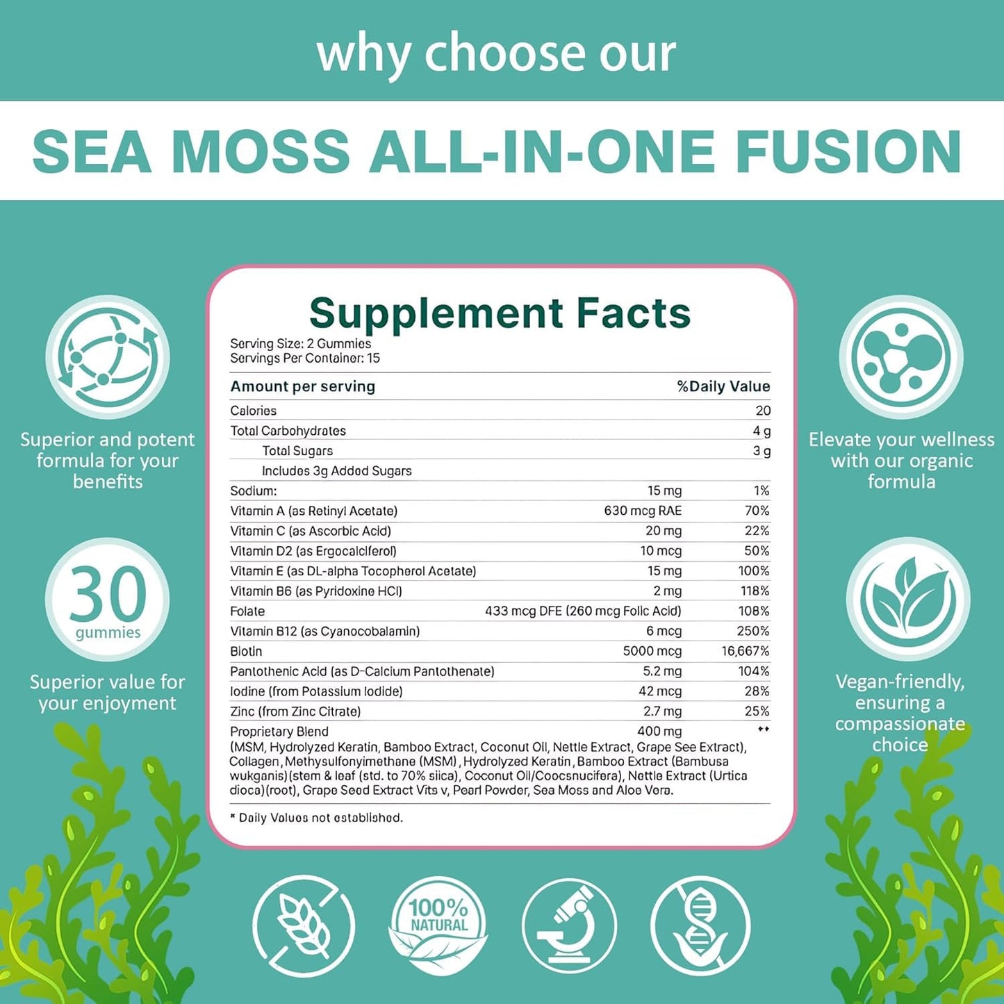 balmbare Revive Hair Gummies Sea Moss with Hair, Skin & Nails Vitamins, Pearl Powder, Vitamin E, Aloe Vera, Liposomal Vitamin C, 30 Count