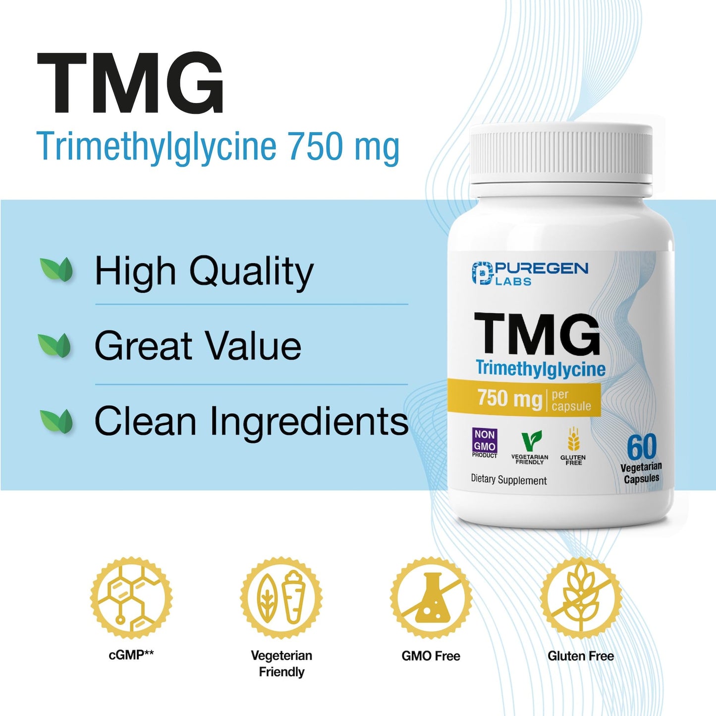 Puregen Labs TMG 750 mg Trimethylglycine Supplement Capsules, 180 Capsules