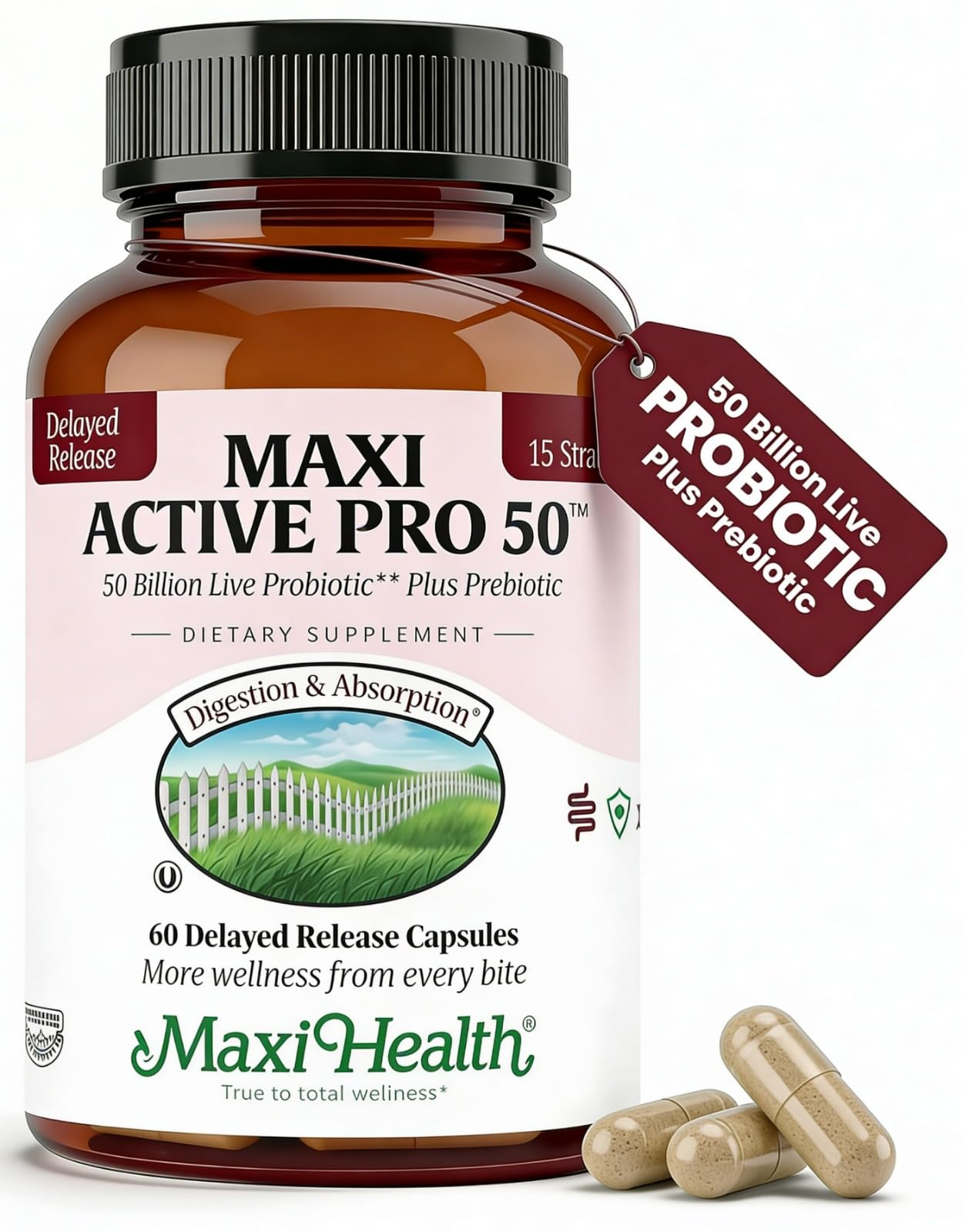 Maxi Health Probiotic Plus Ultimate Prebiotic Advanced Live Probiotics Formula - 50 Billion Live Active Probiotic - 15 Strains - Ultra Protection - Active Pro-50 Capsule, 60 Count