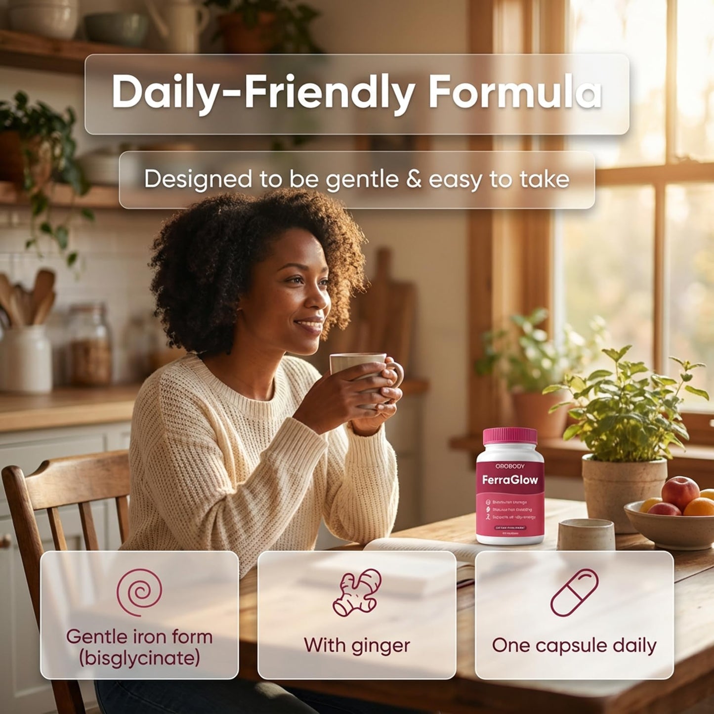 Megacephalus Ferraglow Ferritin Supplement - Daily Iron Support Capsules with Iron Bisglycinate Lactoferrin Vitamin C B12 and Gentle Absorption, 60 Capsules
