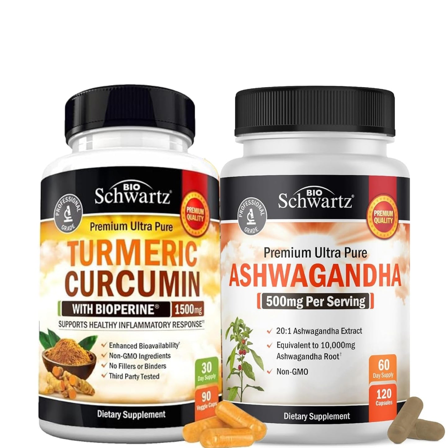 BioSchwartz Ashwagandha Capsules Plus Turmeric Curcumin with Black Pepper Extract 1500mg Complex, 165 Capsules