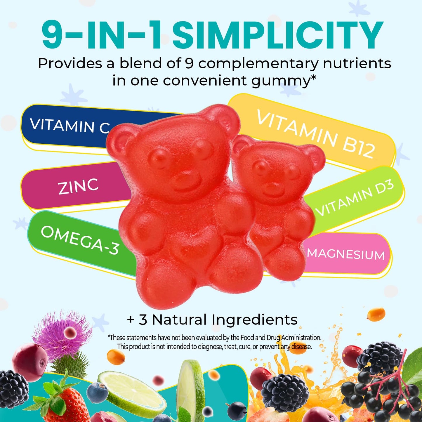 DLOMFVFQ Zeolite Kids Gummies Detox with Zeolite, Omega-3, Vitamin C, Vitamin D3, Zinc, B12 for Energy, Focus, Digestive & Immune Support, Sugar Free, 60 Gummies