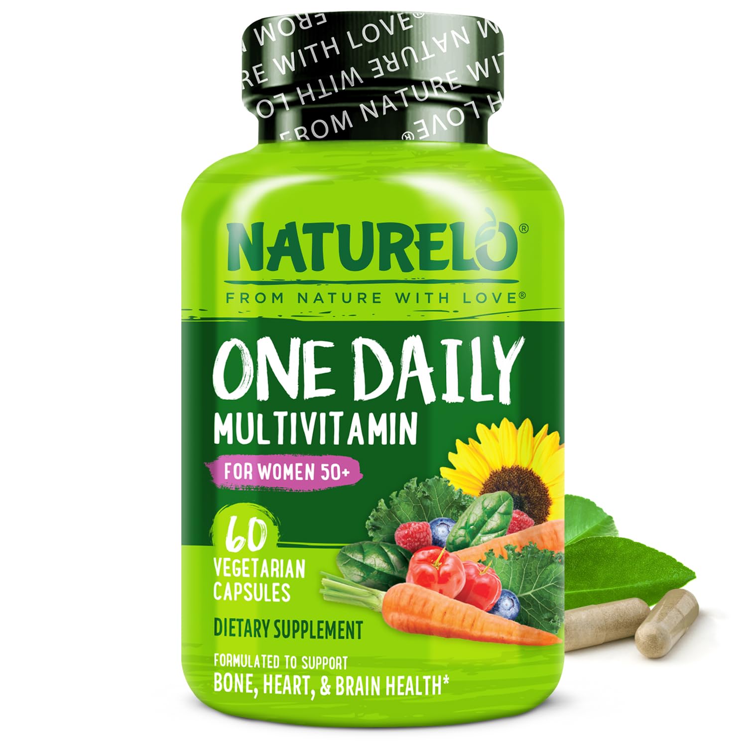 NATURELO One Daily Multivitamin for Women 50+ (Iron Free) - Menopause Support for Women Over 50 - Whole Food Supplement - Non-GMO - No Soy 60 Capsules