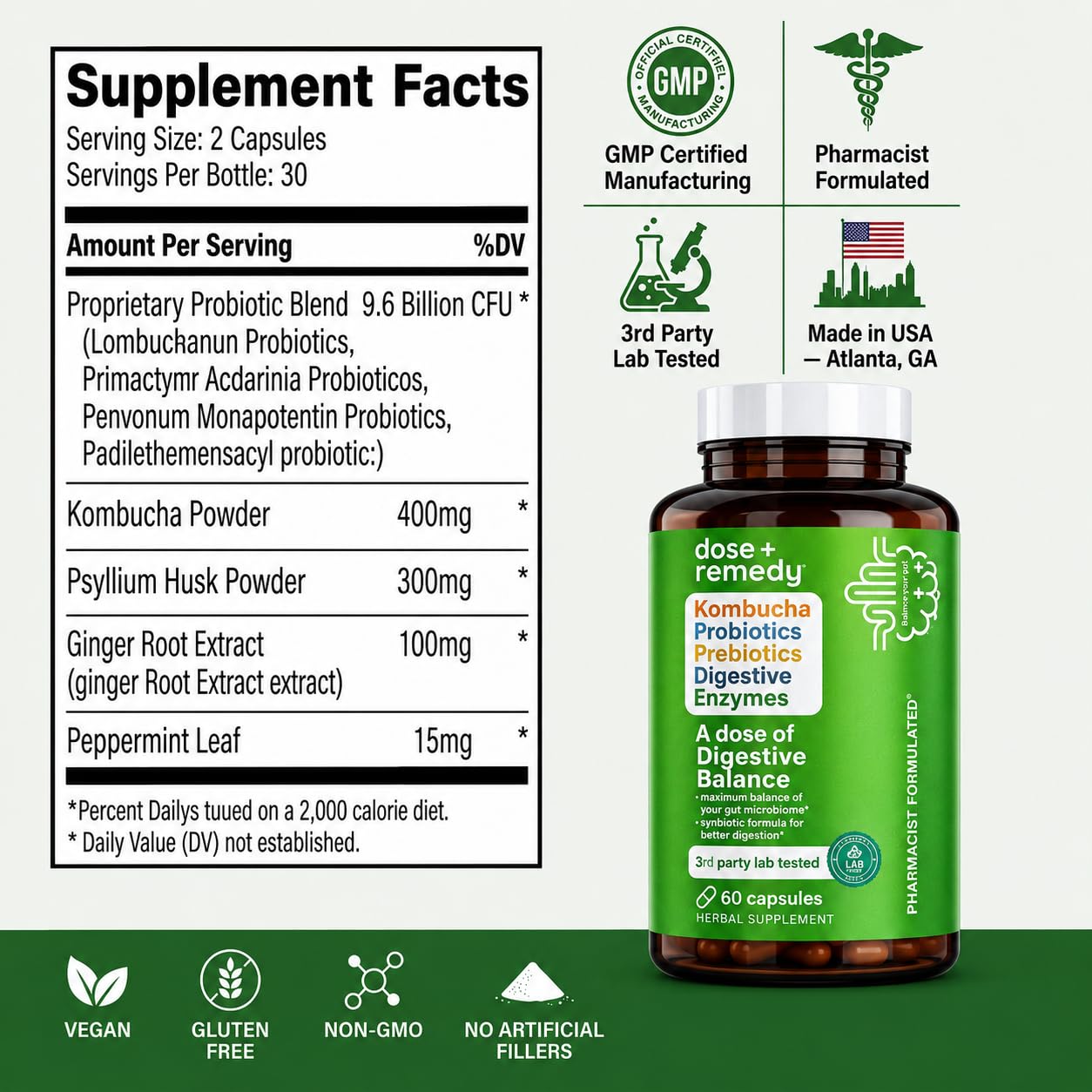 dose + remedy Digestive Balance Gut Health Supplement with 7 Probiotic Strains and Prebiotics Capsule 60 Count