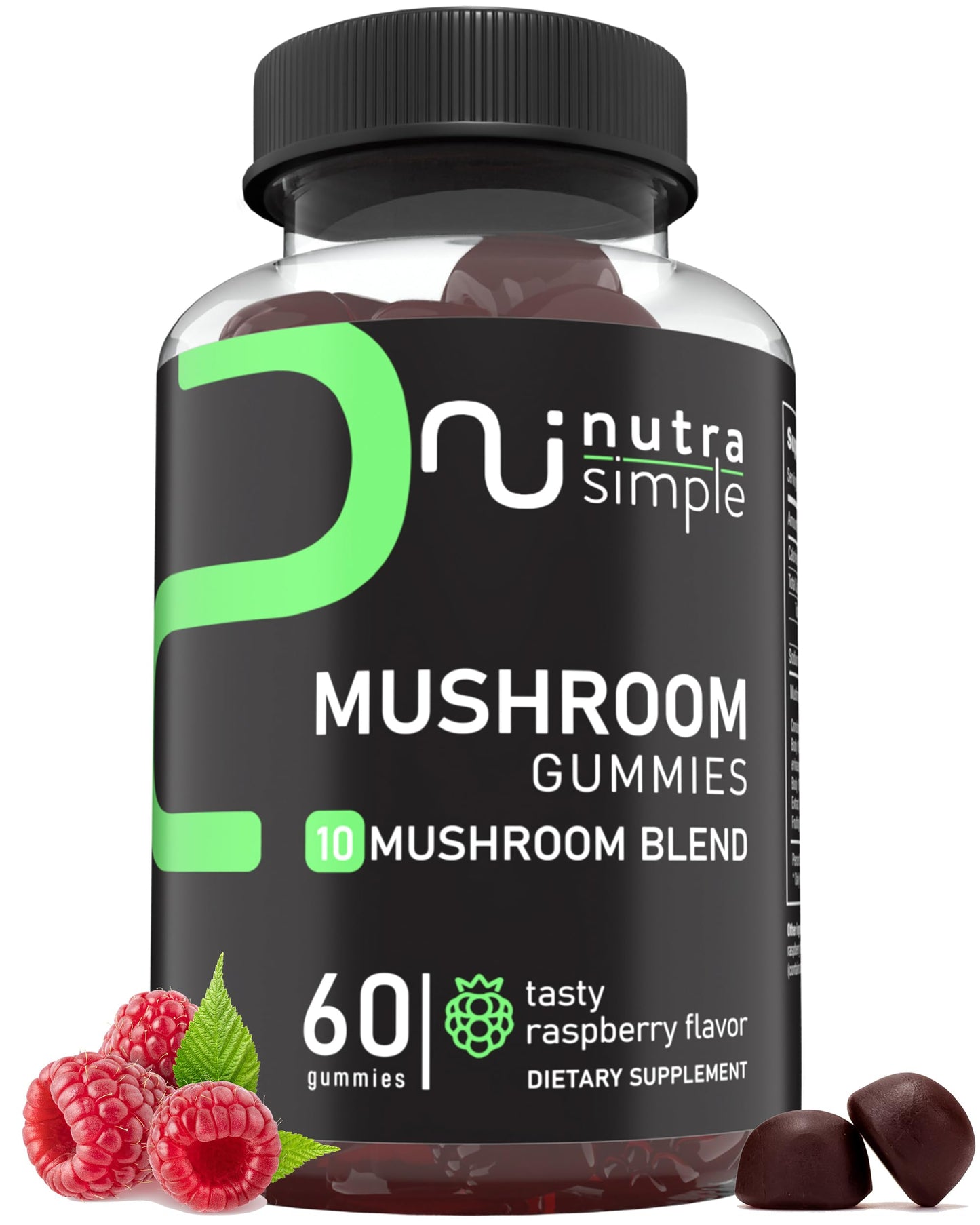 Nutra Simple Lions Mane Mushroom Gummies with Turkey Tail, Chaga, Cordyceps, Maitake, Reishi, Royal Sun Extract, for Focus and Energy Support, Raspberry Flavor, 60 Gummies