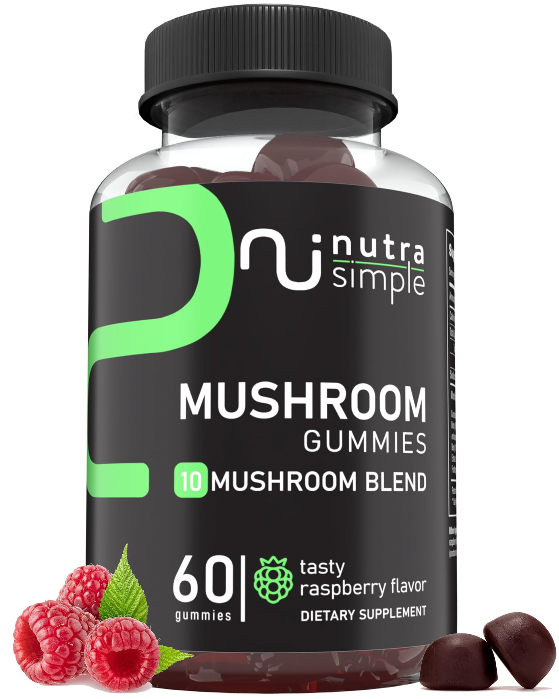 Nutra Simple Lions Mane Mushroom Gummies with Turkey Tail, Chaga, Cordyceps, Maitake, Reishi, Royal Sun Extract, for Focus and Energy Support, Raspberry Flavor, 60 Gummies