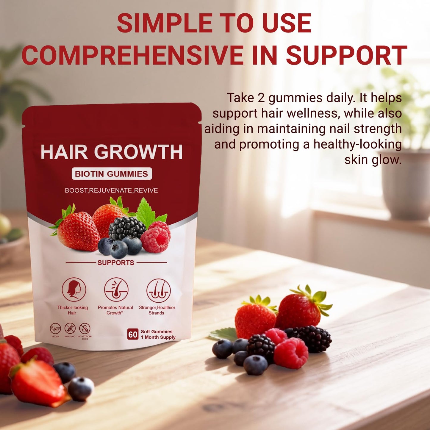 Norce Sactor Lumin Hair Gummies with Biotin & Collagen, Mixed Berry Flavor, Supports Healthy Hair Growth & Strength, Skin & Nails, Vegan & Non-GMO, 60 Gummies