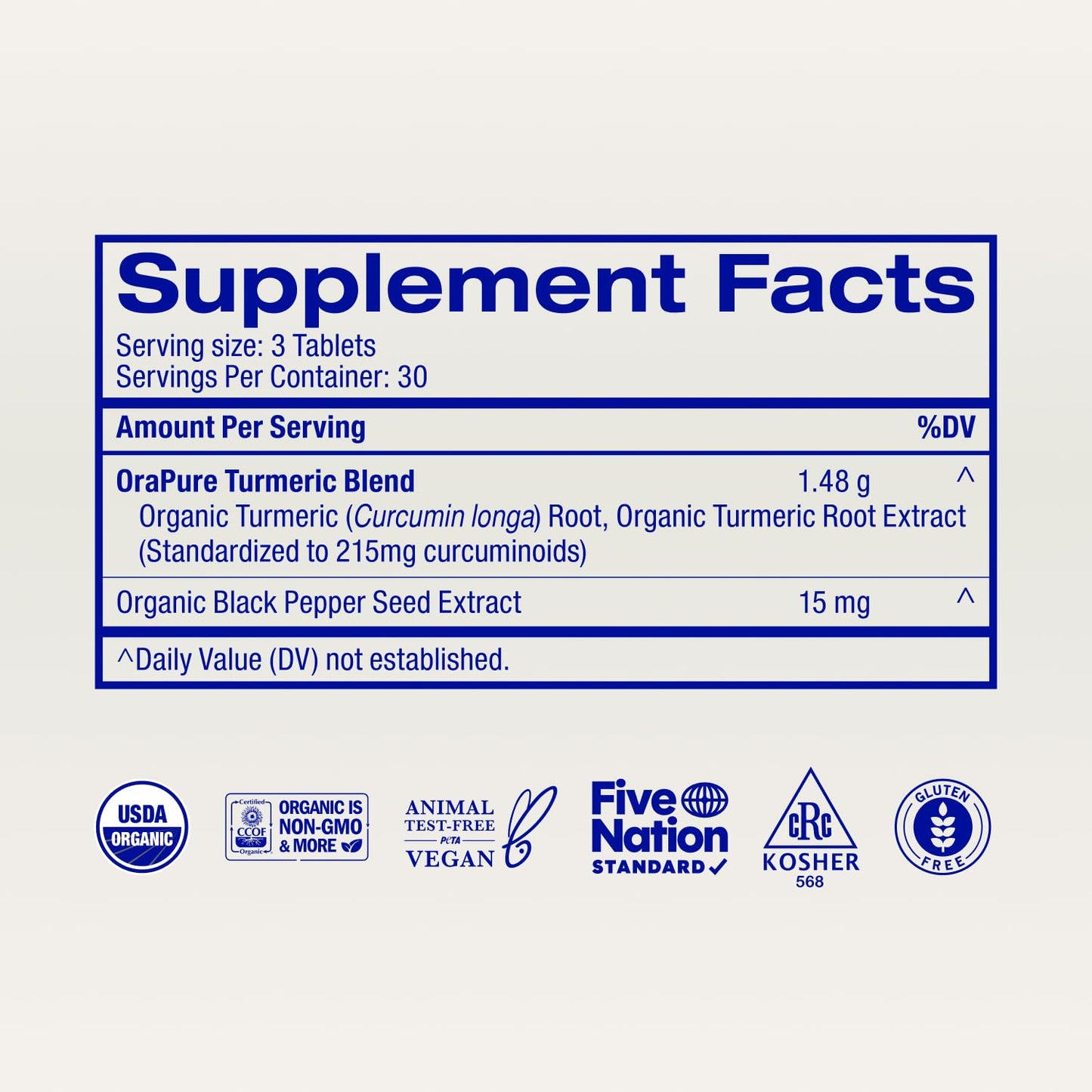 Ora Organic Turmeric Curcumin with Piperine Tablets 90 Count