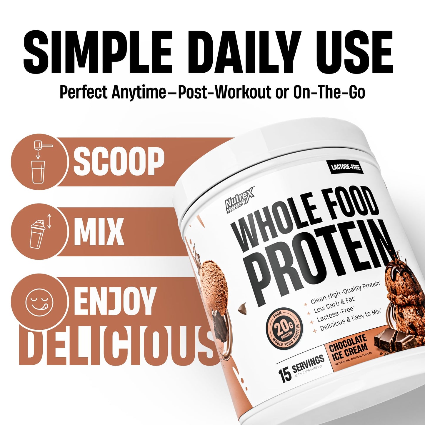 Nutrex Research Whole Food Protein Powder, 16 Servings, Chocolate Ice Cream
