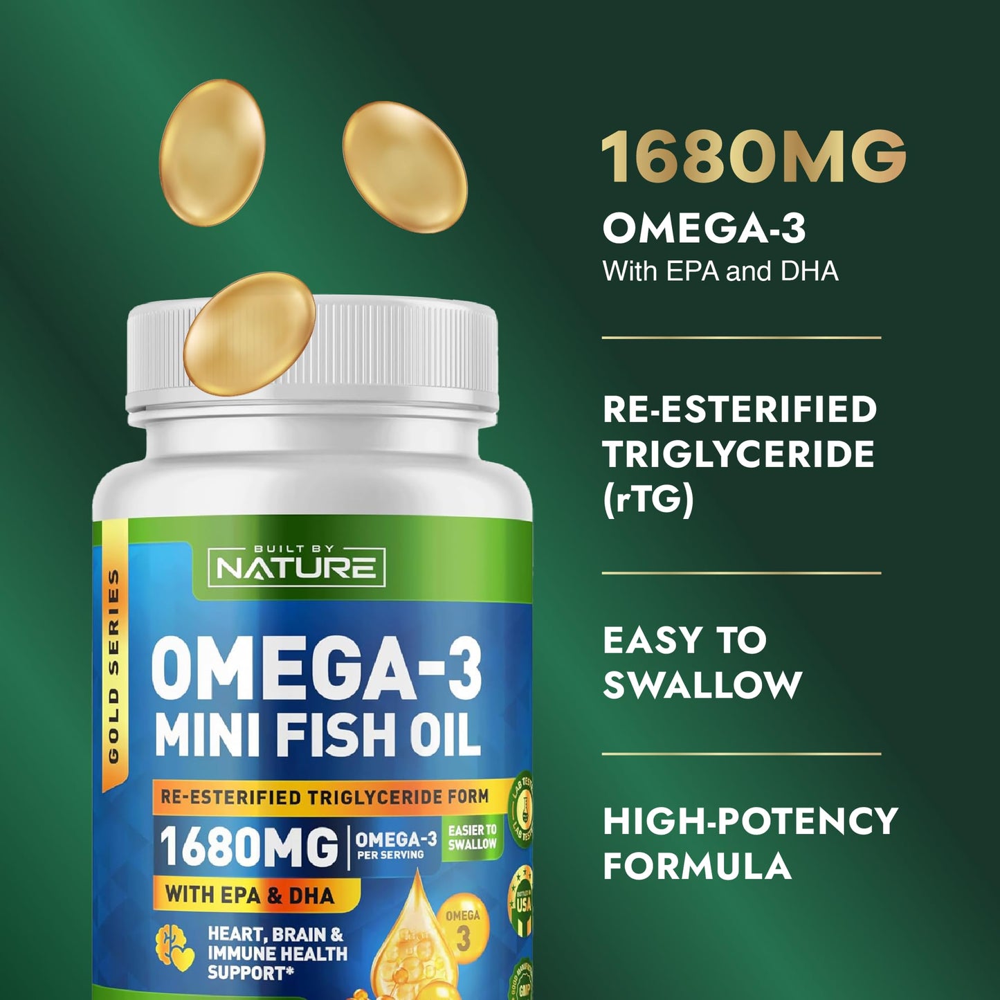 Built by Nature Omega 3 Mini Fish Oil Re-esterified Triglyceride (rTG) Softgels 90