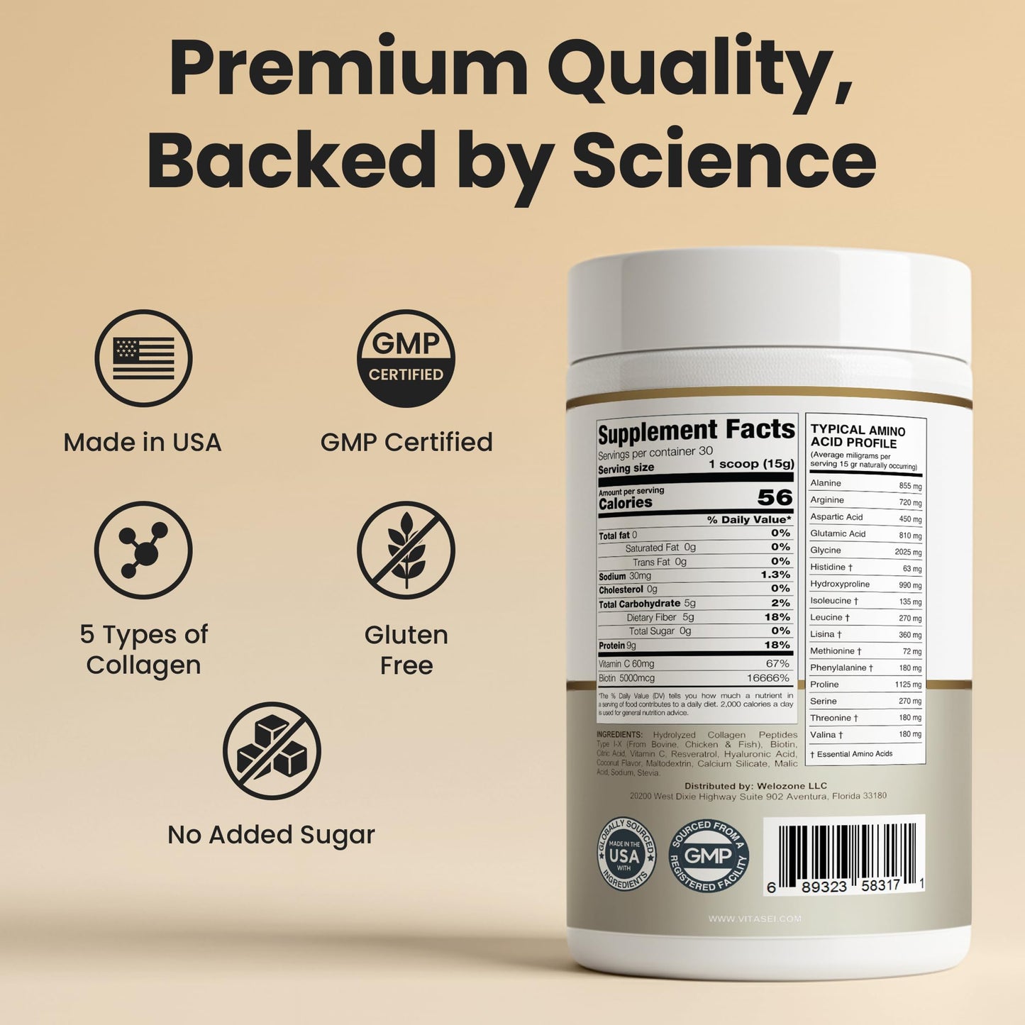 VITASEI Hydrolyzed Collagen Peptides Powder with Resveratrol & Vitamin C – Hair, Skin & Joint Support – Cookies & Cream Flavor, 16 oz