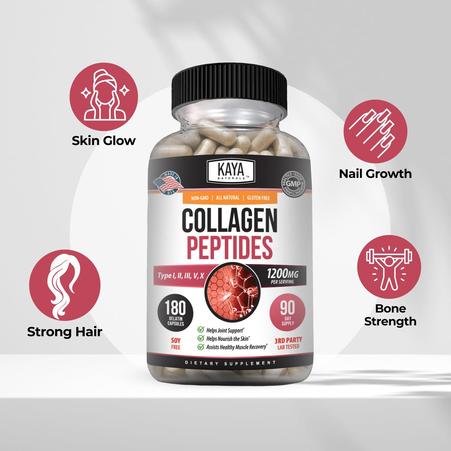 Kaya Naturals Multi Collagen Peptides Complex Capsules, 180 Count