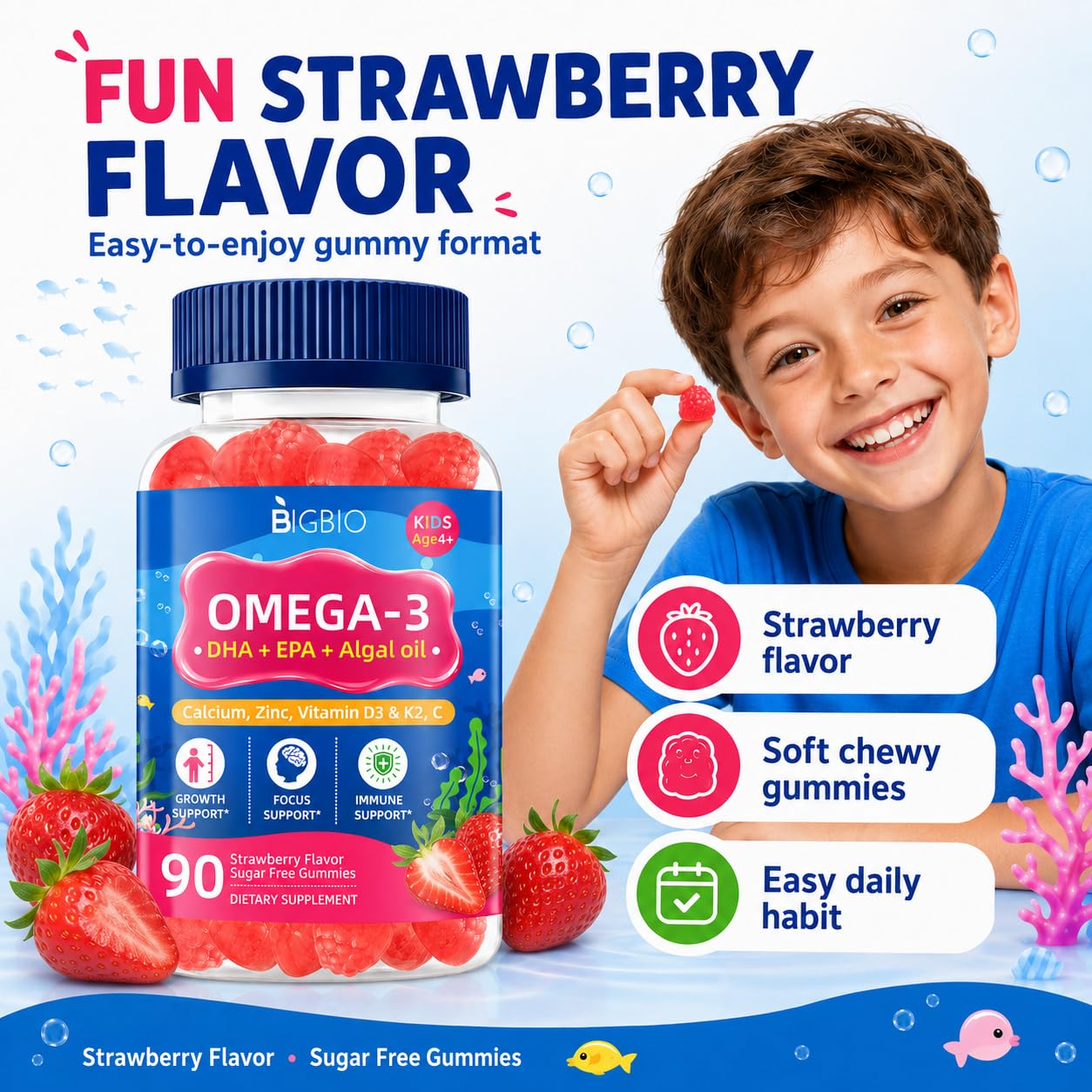 BIGBIO Omega 3 (EPA/DHA) Filled Gummies for Kids 90 Count