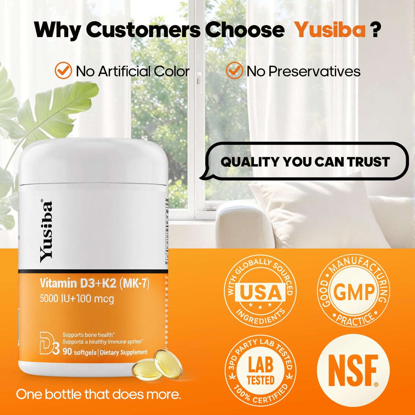 Yusiba Vitamin D3 K2 Softgels 90 Count