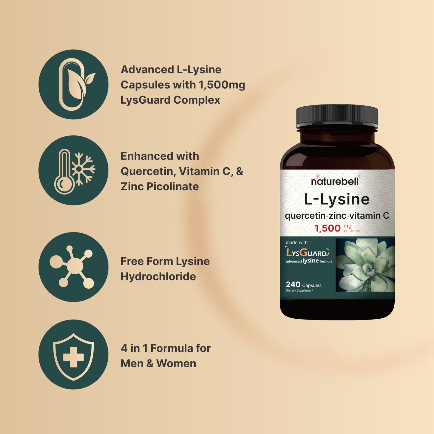 NatureBell L-Lysine 1000mg + Quercetin 250mg with Vitamin C and Zinc Capsules, 240 Count