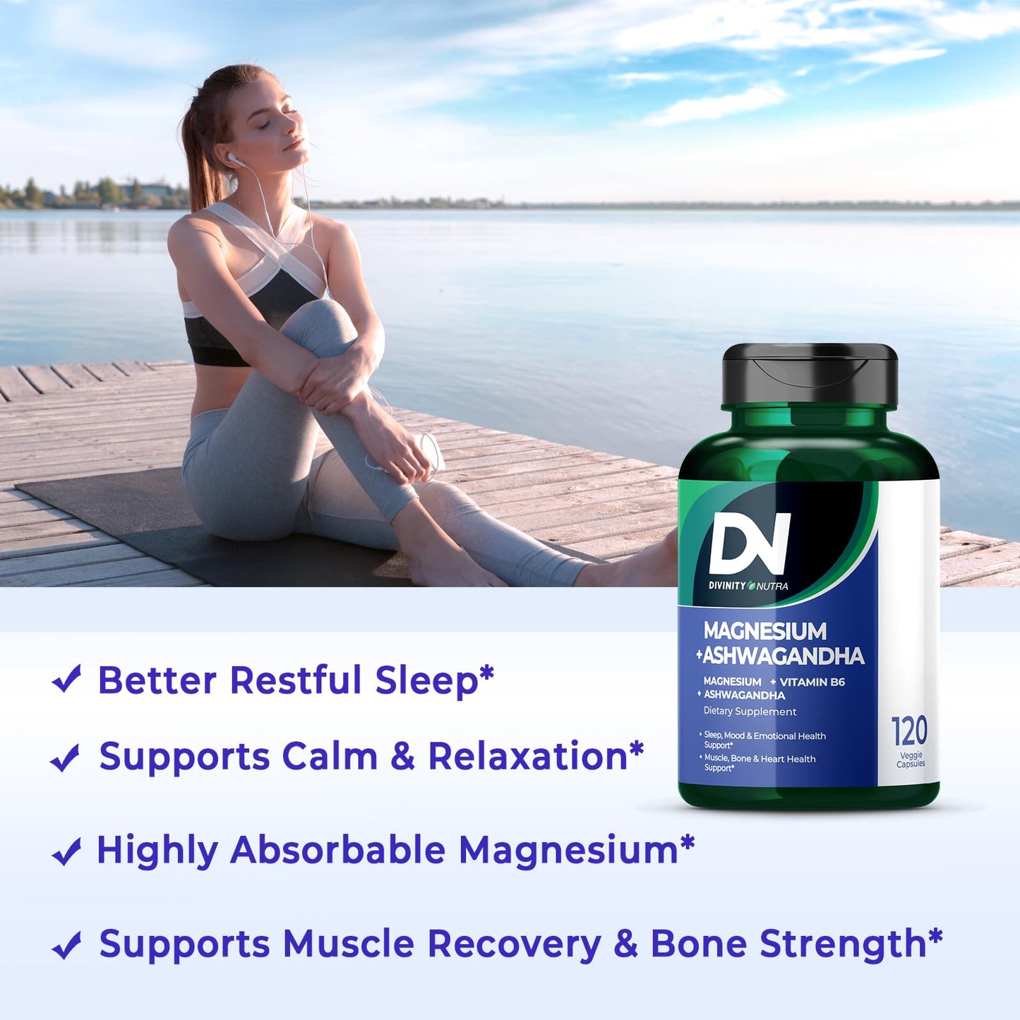 Divinity Nutra Magnesium Ashwagandha Supplement, 120 Capsules