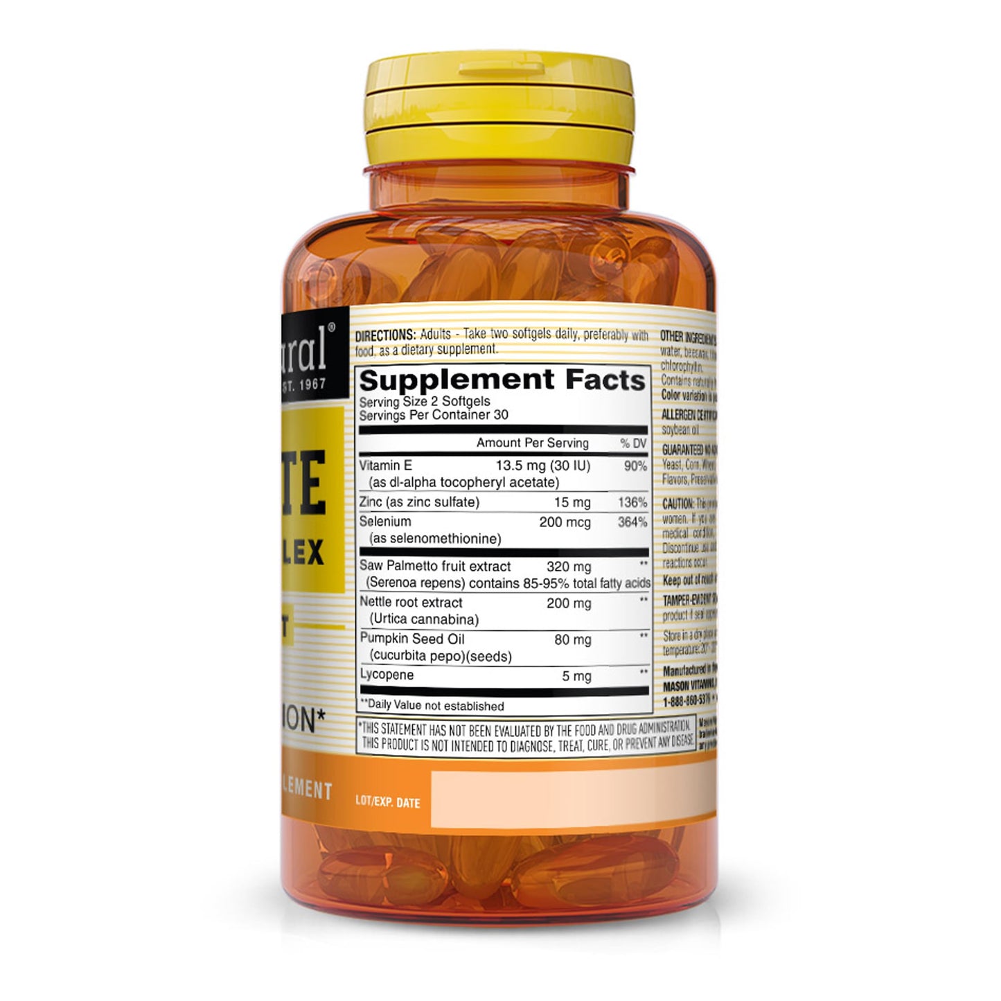 Mason Natural Prostate Therapy Complex with Saw Palmetto, Nettle Root & Pumpkin Seed Oil to Support Normal Prostate Function, 60 Softgels