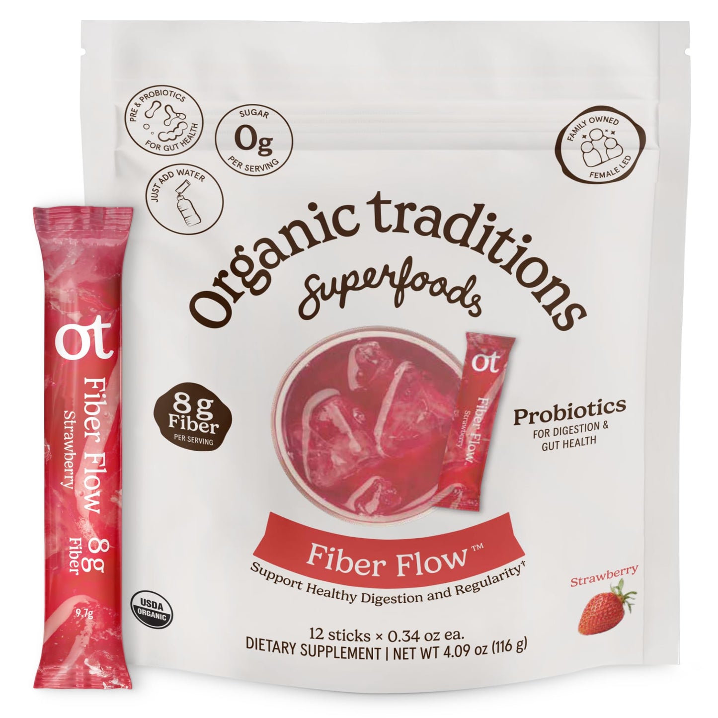Organic Traditions Fiber Flow Strawberry Daily Fiber Supplement Powder, 4