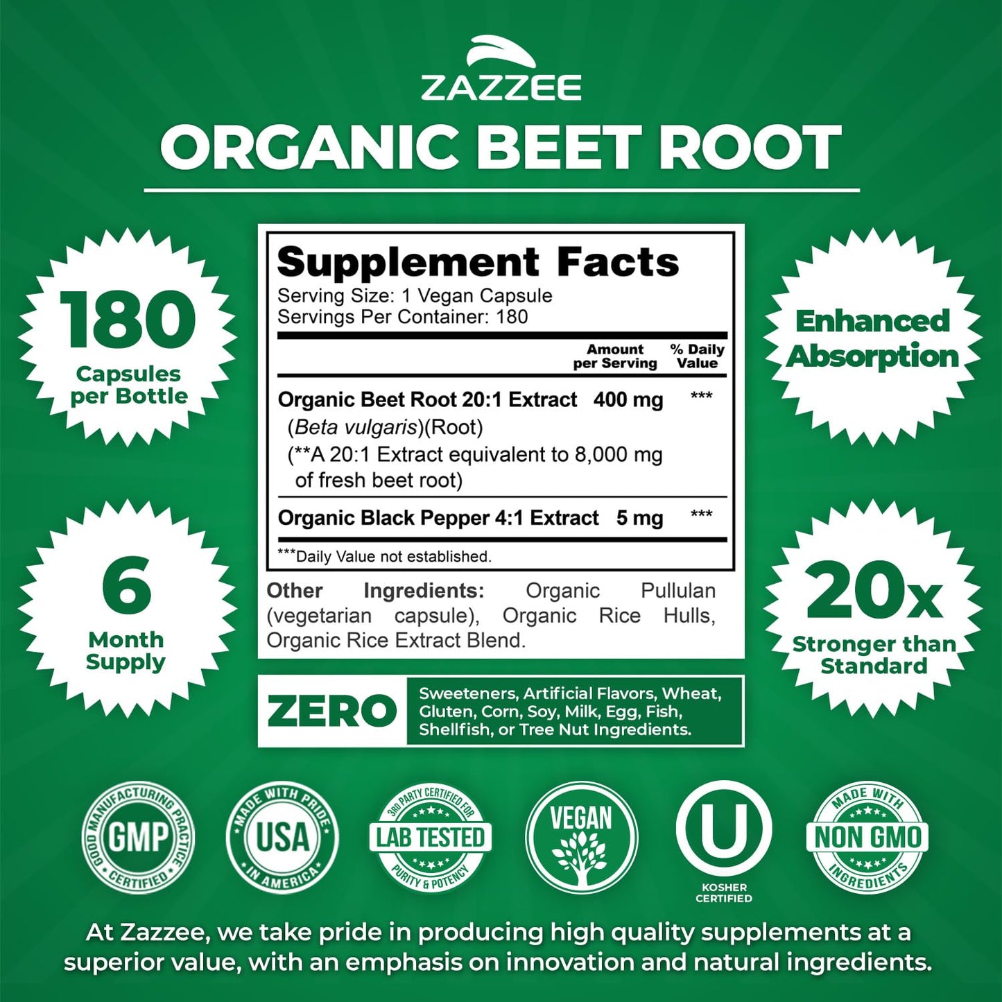 Zazzee USDA Organic Beet Root 20:1 Extract Capsules, 180 Count