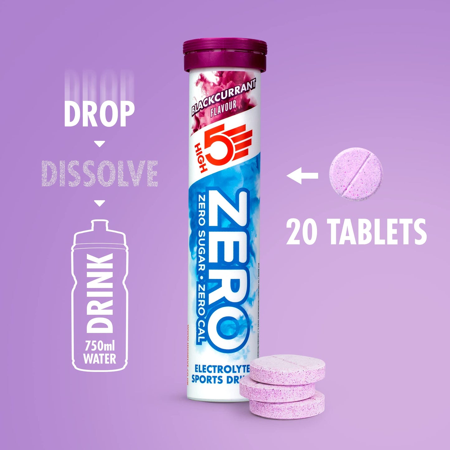 HIGH5 Zero Electrolyte Hydration Tablets Added Vitamin C Blackcurrant, 20 Tablets