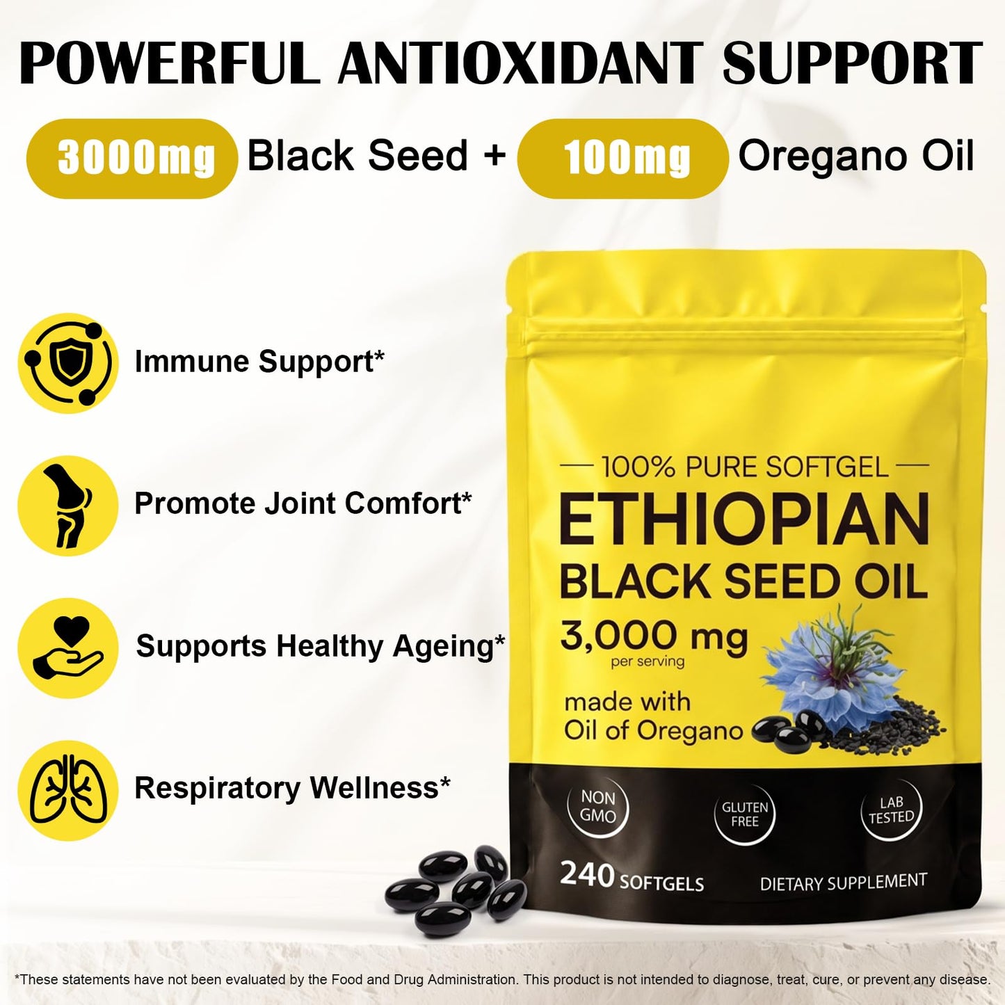 Plomala Black Seed Oil 3000mg with Oregano Leaf Extract 100mg - Cold Pressed Nigella Sativa Softgels, 240 Count
