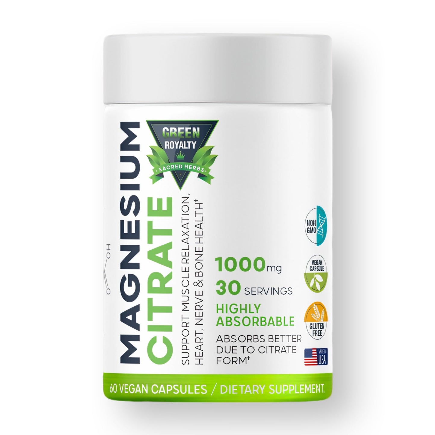GREEN ROYALTY Magnesium Citrate 1000mg Capsules, 60 Count