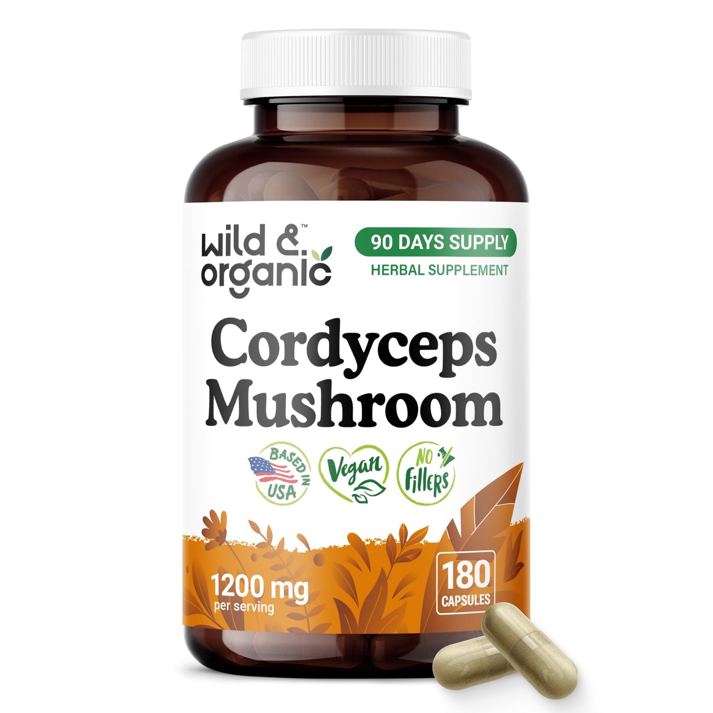 Wild & Organic Cordyceps Capsules 1200 mg, Immune Support, Cordyceps Mushroom Powder Supplement, Pure Mycelium Extract, Vegan, No Fillers, Non-GMO, 180 Capsules