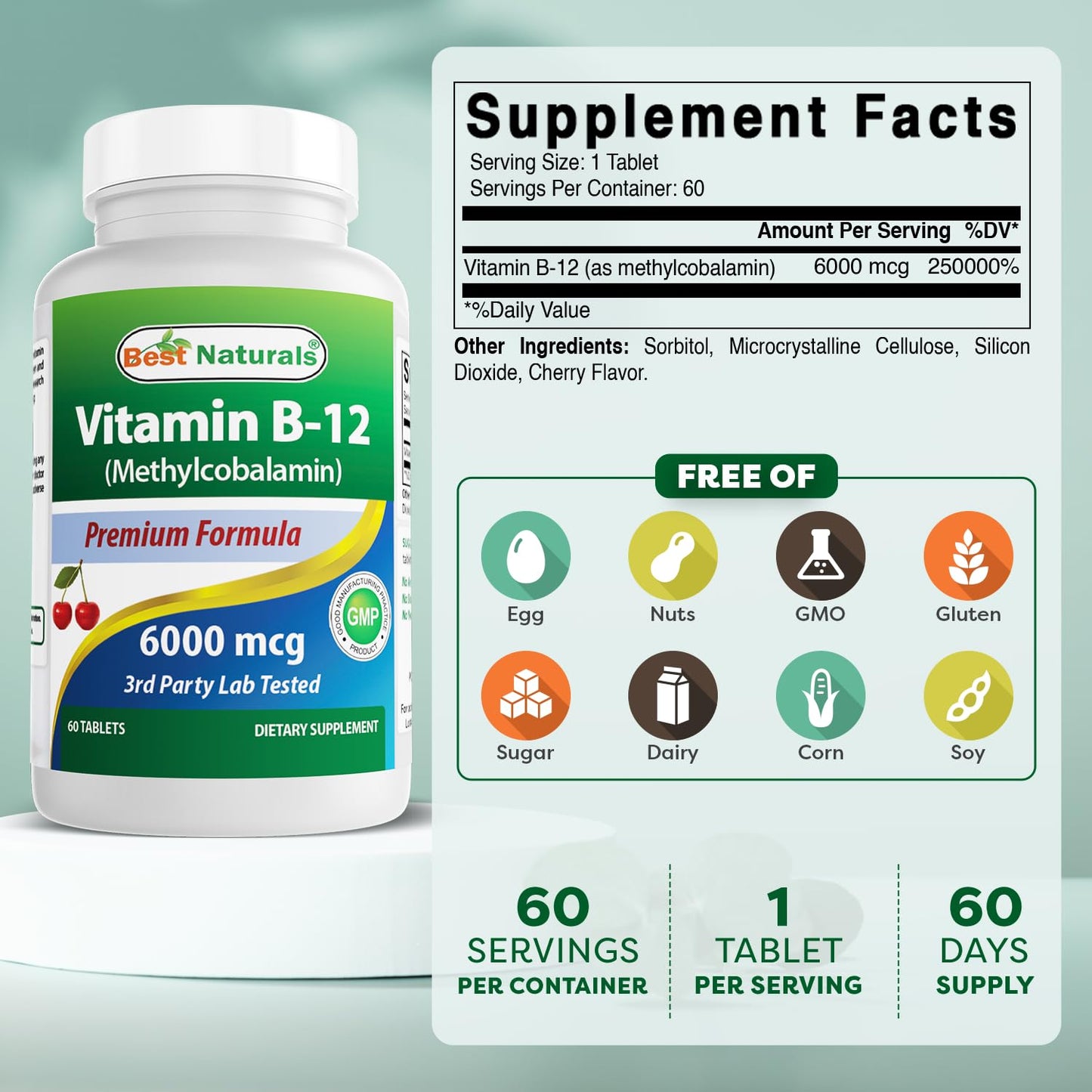 Best Naturals Vitamin B-12 as Methylcobalamin (Methyl B12), 6000 mcg Sublingual Tablets, 180 Tablets