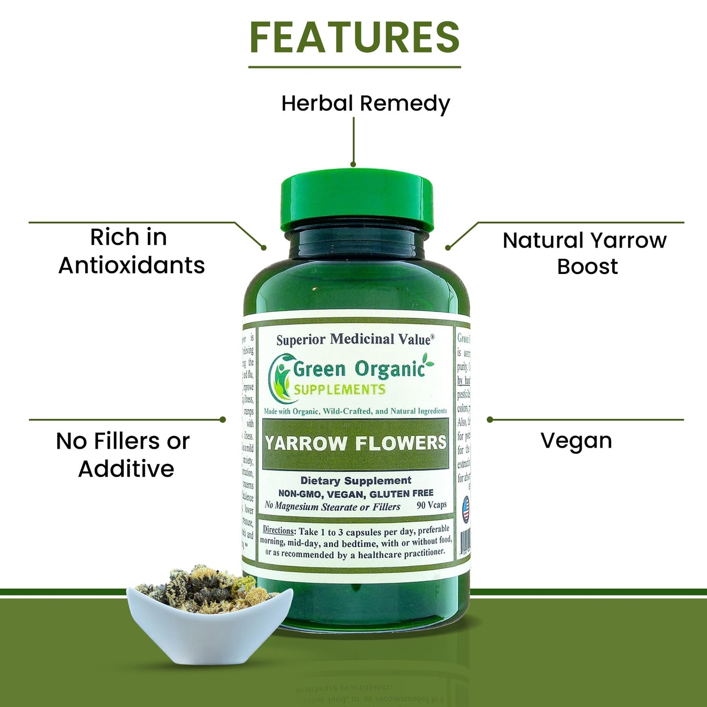 Green Organic Supplements Yarrow Flower Capsules 90 Count