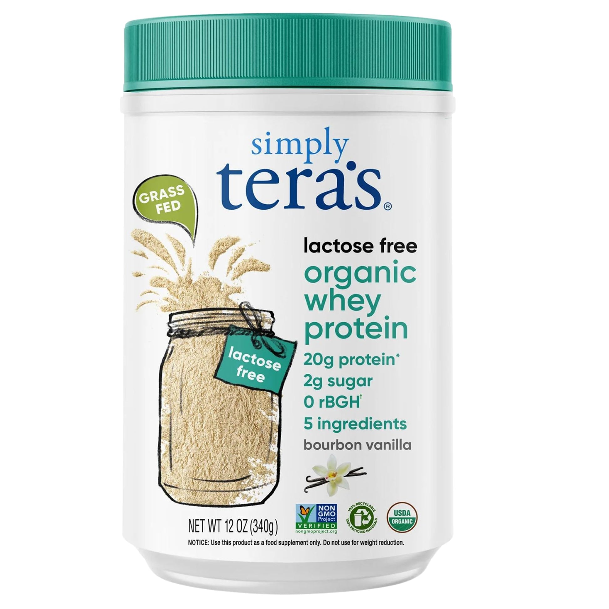 Simply Tera's Lactose Free Organic Whey Protein Powder, Vanilla, 12 oz, Pack of 1