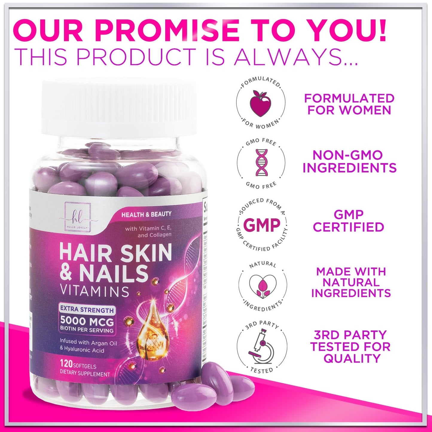 Hello Lovely! Hair Vitamins for Women for Hair Growth - Argan-Infused Supplement with Collagen, Biotin and Hyaluronic Acid Softgels 120